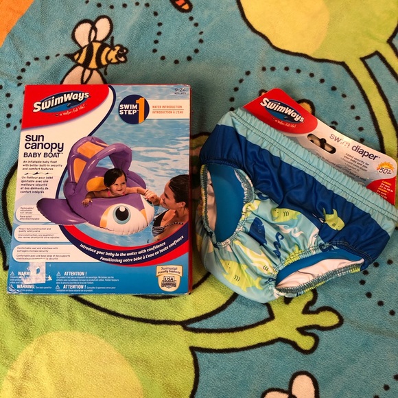 SwimWays Other - Bundle Sun Canopy Baby Boat and Swim Diaper Set